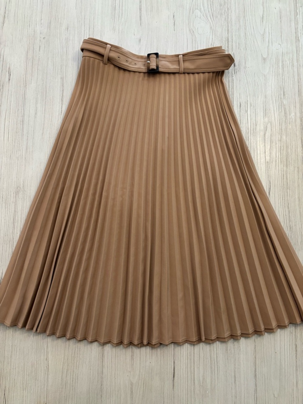Ann Taylor Pleated Midi Skirt with Belt in Camel